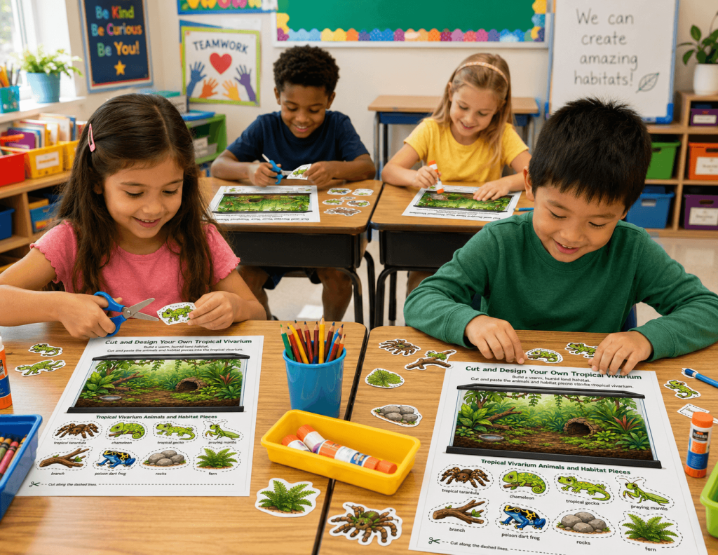 Students completing a hands-on elementary science lesson with a tropical vivarium classroom activity.