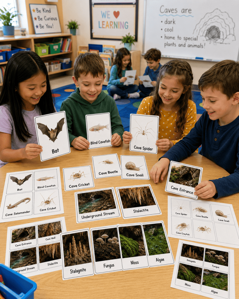 Grade 2 and 3 students using cave habitat flashcards and science vocabulary worksheets at a classroom learning center