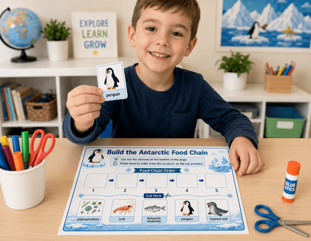 Elementary student holding a penguin cut-out while completing an Antarctic food chain worksheet.