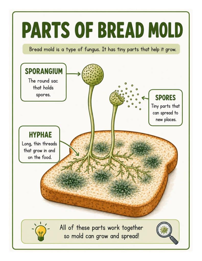 Cover of "Mold Science for Kids" educational resource featuring fungi worksheets and experiment activities. The central image shows a slice of moldy bread with green and white mold spots, zoomed in through a magnifying glass to show spores. Three circular icons on the right illustrate factors for mold growth: water, warmth, and air. The bottom section includes icons for hands-on experiments, no-prep worksheets, and STEM learning. Text at the bottom indicates the target age group: "Ages 5–8 | Kindergarten – 2nd Grade".