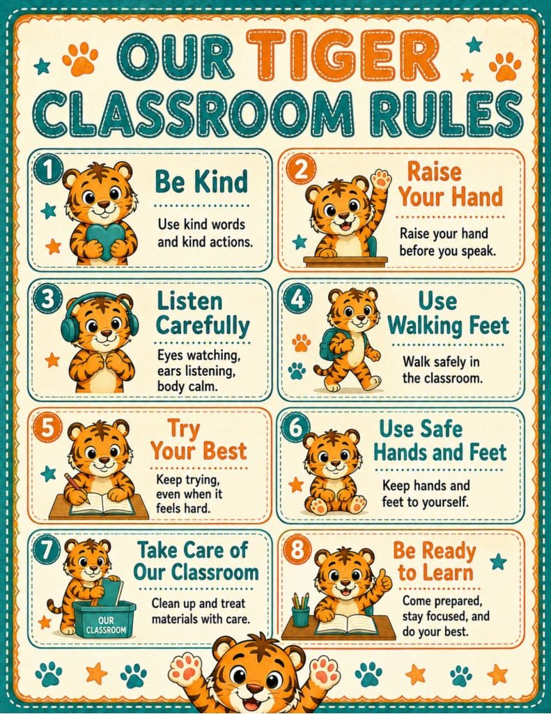 Establishing clear, positively framed rules and consistent routines is essential for managing a lower elementary classroom and fostering a supportive learning community. Utilizing visual aids and involving students in creating expectations helps reinforce behaviors, while specialized tools like the Tiger Classroom Rules Poster Set can simplify this process.