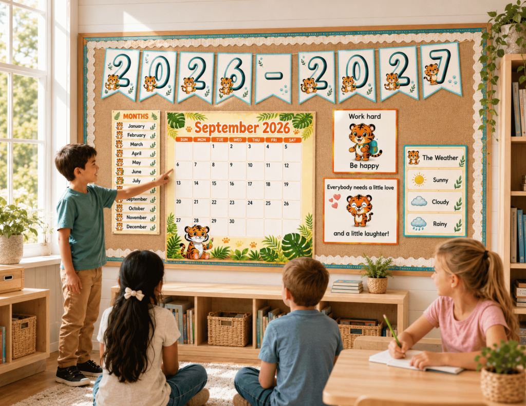 A classroom scene featuring a large cork bulletin board decorated with a tiger-themed classroom decor set. The board displays a "2026-2027" banner, a September 2026 calendar, motivational posters, and a weather chart, all featuring cute tiger illustrations with young students looking on.