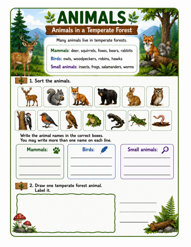 An educational worksheet for children titled "ANIMALS – Animals in a Temperate Forest" that introduces and categorizes forest animals into three groups: mammals, birds, and small animals.Top section: A colorful forest illustration featuring a deer, a fox, and a squirrel. An information box lists examples: mammals (deer, squirrels, foxes, bears, rabbits), birds (owls, woodpeckers, robins, hawks), and small animals (insects, frogs, salamanders, worms).Exercise 1 ("Sort the animals"): A sorting activity where children must write the names of the animals in the correct category boxes (Mammals, Birds, Small animals). The animal pictures shown are a deer, squirrel, fox, bear, rabbit, owl, woodpecker, robin, hawk, frog, salamander, grasshopper, and worm.Exercise 2 ("Draw one temperate forest animal"): A blank drawing frame decorated with mushrooms and ferns, with lines next to it to label the drawn animal.