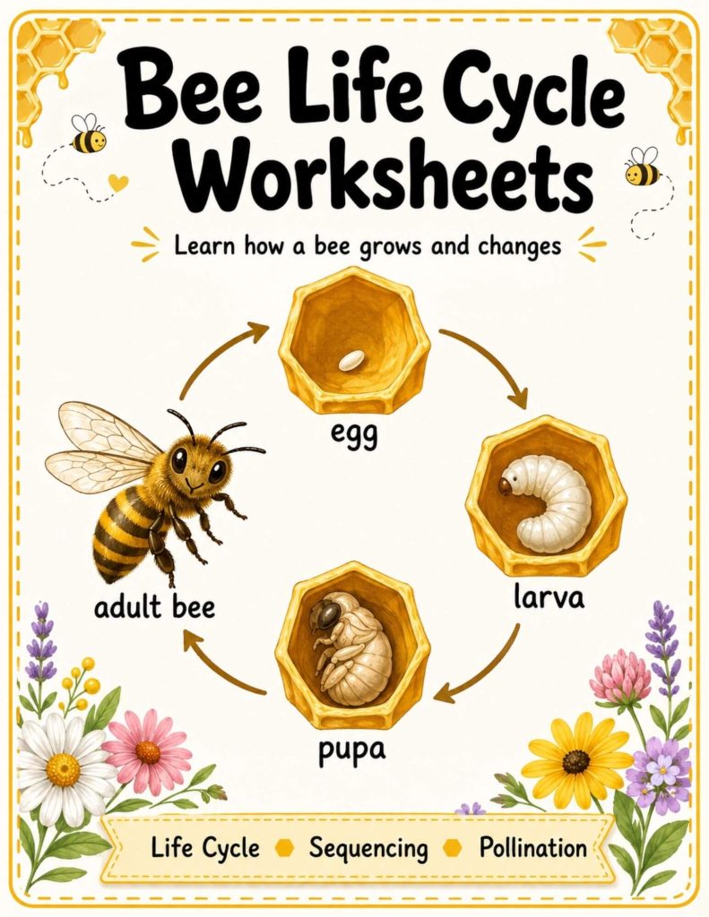Bee life cycle worksheets cover showing the four stages of a bee’s life cycle: egg, larva, pupa, and adult bee, with arrows, honeycomb cells, and flowers.