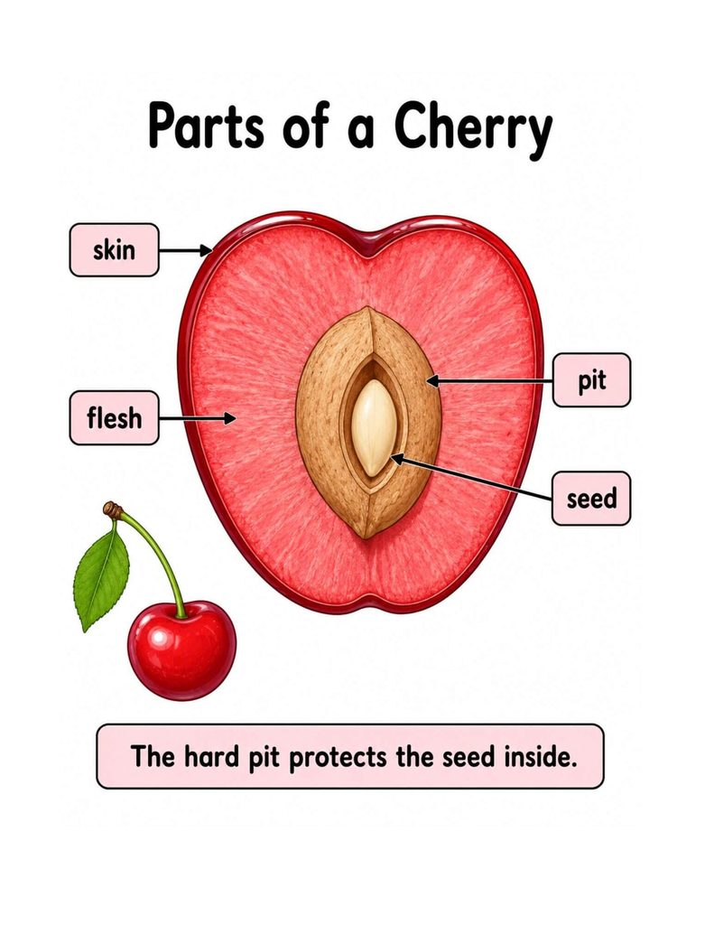Parts of a cherry diagram for kids showing skin, flesh, pit, and seedS
