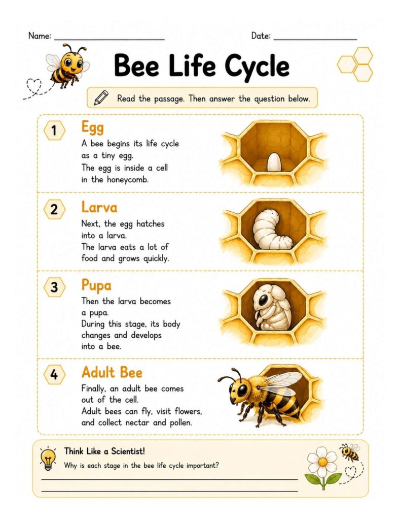 Bee life cycle reading worksheet for elementary students explaining the four stages—egg, larva, pupa, and adult bee—with honeycomb illustrations and a short science reflection question.