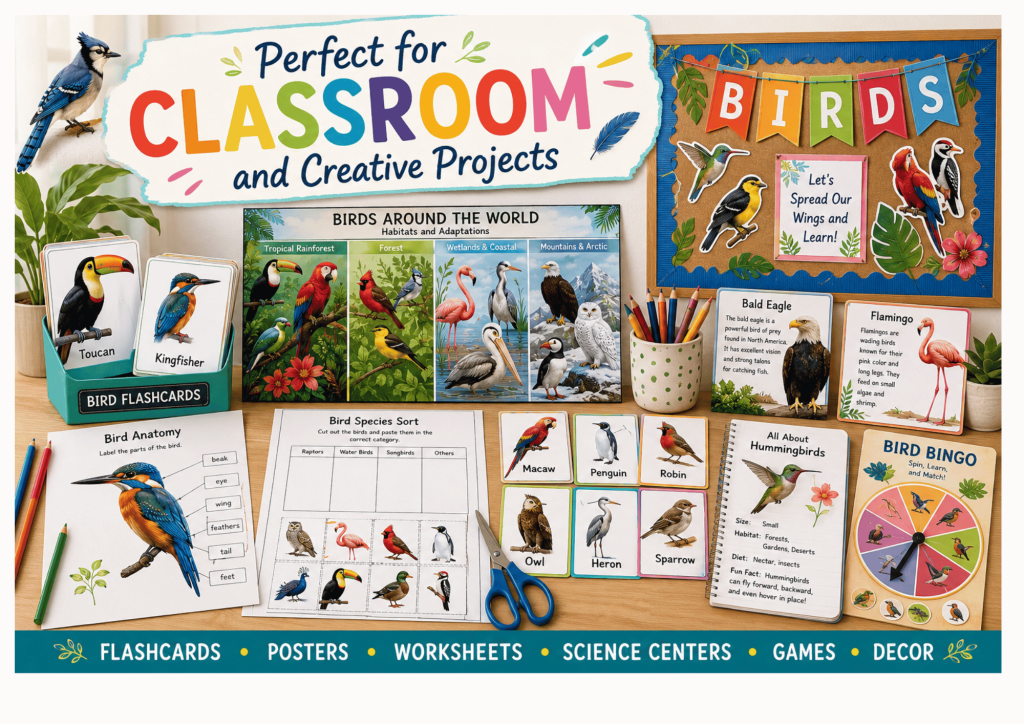Realistic birds grouped by habitat, including tropical rainforest, forest, wetland, coastal, raptor and nocturnal bird species.