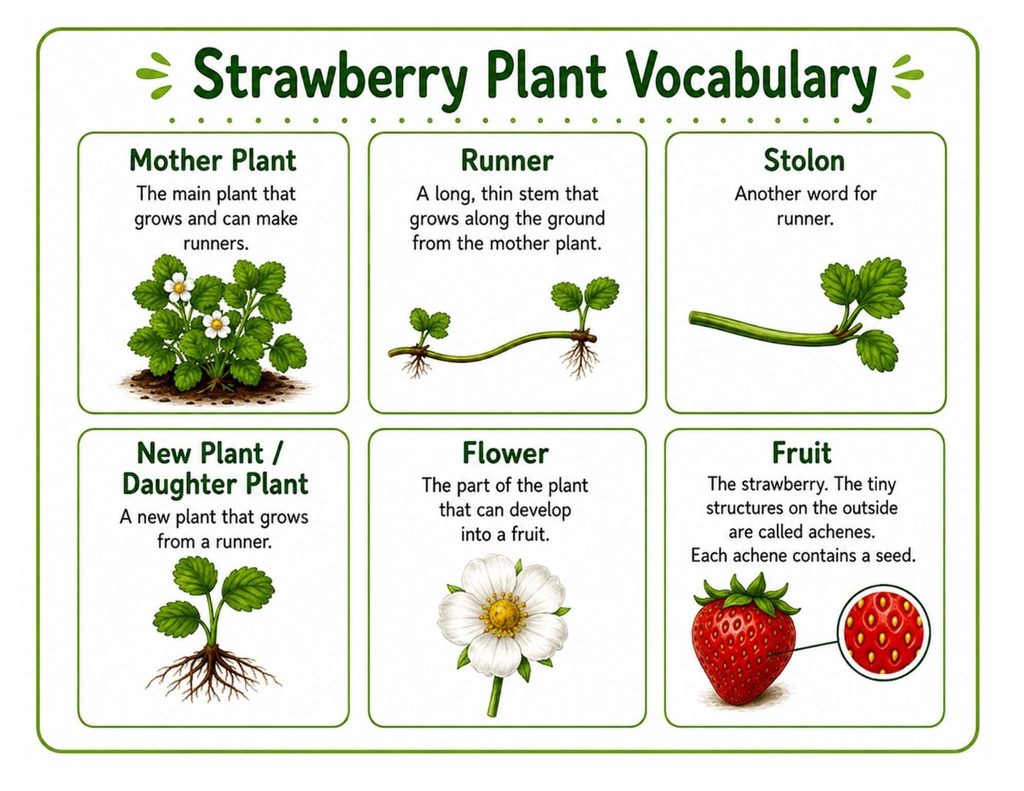 Strawberry plant life cycle vocabulary chart for kids with mother plant, runner, stolon, daughter plant, flower, fruit, and strawberry achenes for elementary science lessons.
