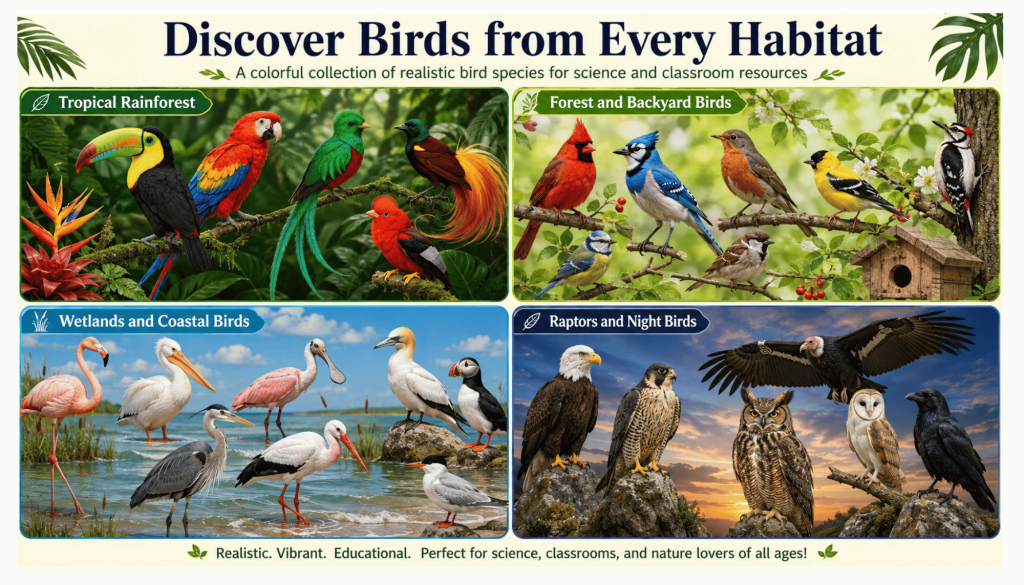 Bird cliparts used in classroom flashcards, habitat posters, worksheets, science centers, vocabulary cards, games and bulletin board decor.