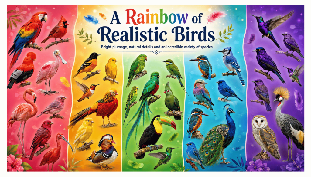 Realistic birds grouped by habitat, including tropical rainforest, forest, wetland, coastal, raptor and nocturnal bird species.