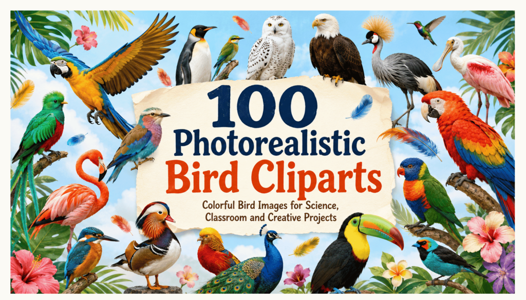 Circular bird diversity chart featuring parrots, water birds, birds of prey, owls, songbirds, tropical birds and flightless birds.