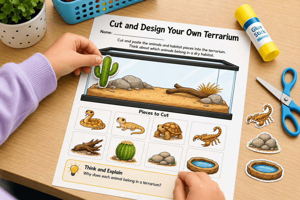Child using a cut-and-paste terrarium worksheet, placing a cactus into a dry habitat scene with animal cutouts, scissors, and glue on the table.