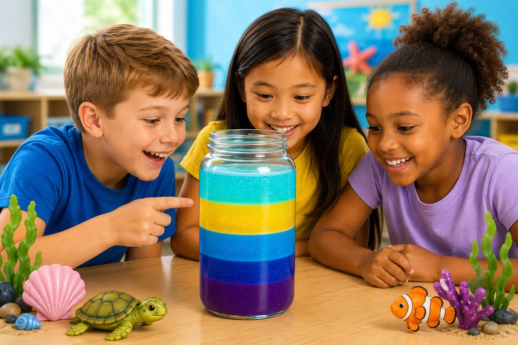Kids experimenting with a layered ocean density jar on a blue banner with "Ocean Density Jar STEM Experiment" text.
