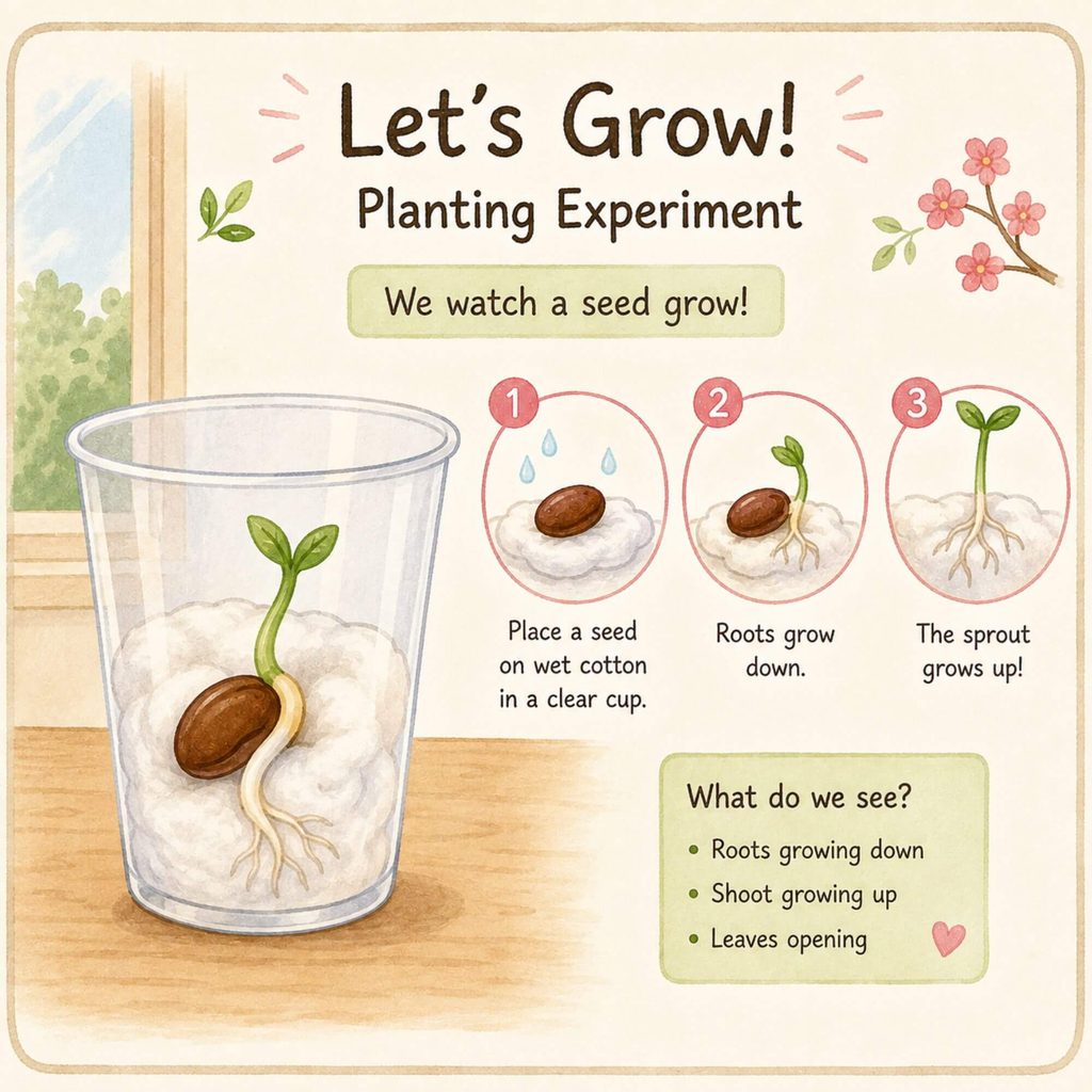 Cherry tree life cycle sprout experiment for kids showing roots and a new shoot growing from a seed