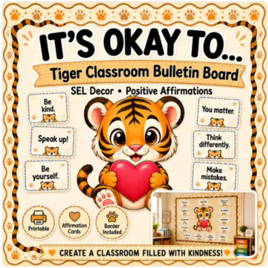 Tiger-themed “It’s Okay To” classroom bulletin board set with positive affirmation cards and a smiling tiger holding a heart.