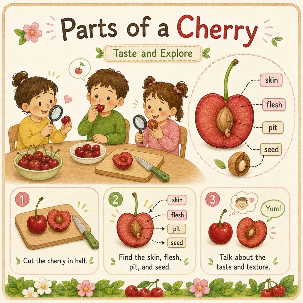 Parts of a cherry sensory activity for Grades 2–3 showing skin, flesh, pit, seed, and children exploring a real cherry