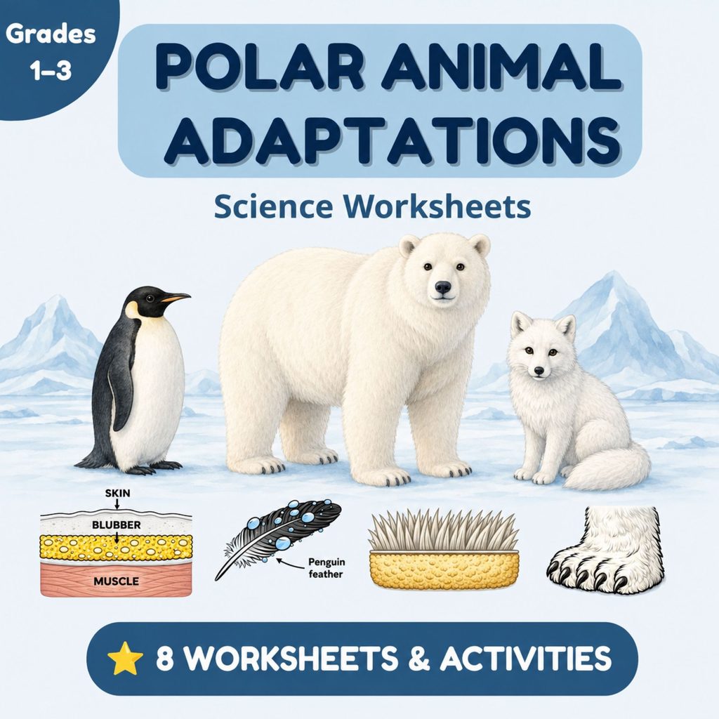 Educational science worksheets title cover 'Polar Animal Adaptations' for primary school grades 1-3. The image includes realistic illustrations of a penguin, a polar bear, and an arctic fox on a snowy background, with scientific diagrams showing blubber, penguin feathers, and animal fur adaptations