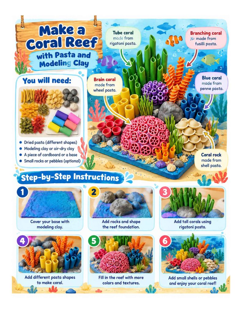 Pasta coral reef craft for kids with step-by-step instructions, used to teach the sunlight zone and five ocean zones in Grades 2–3 science.