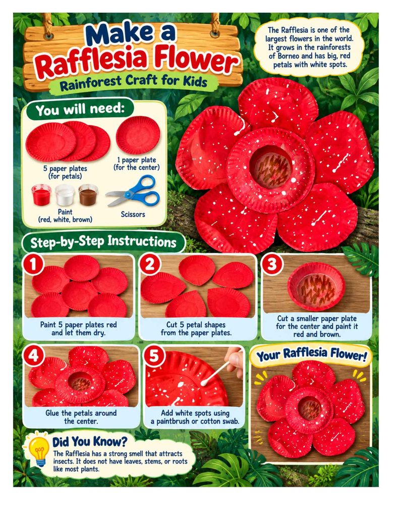 Borneo rainforest Rafflesia flower craft for kids using paper plates, with step-by-step instructions for a rainforest plant and biodiversity lesson.