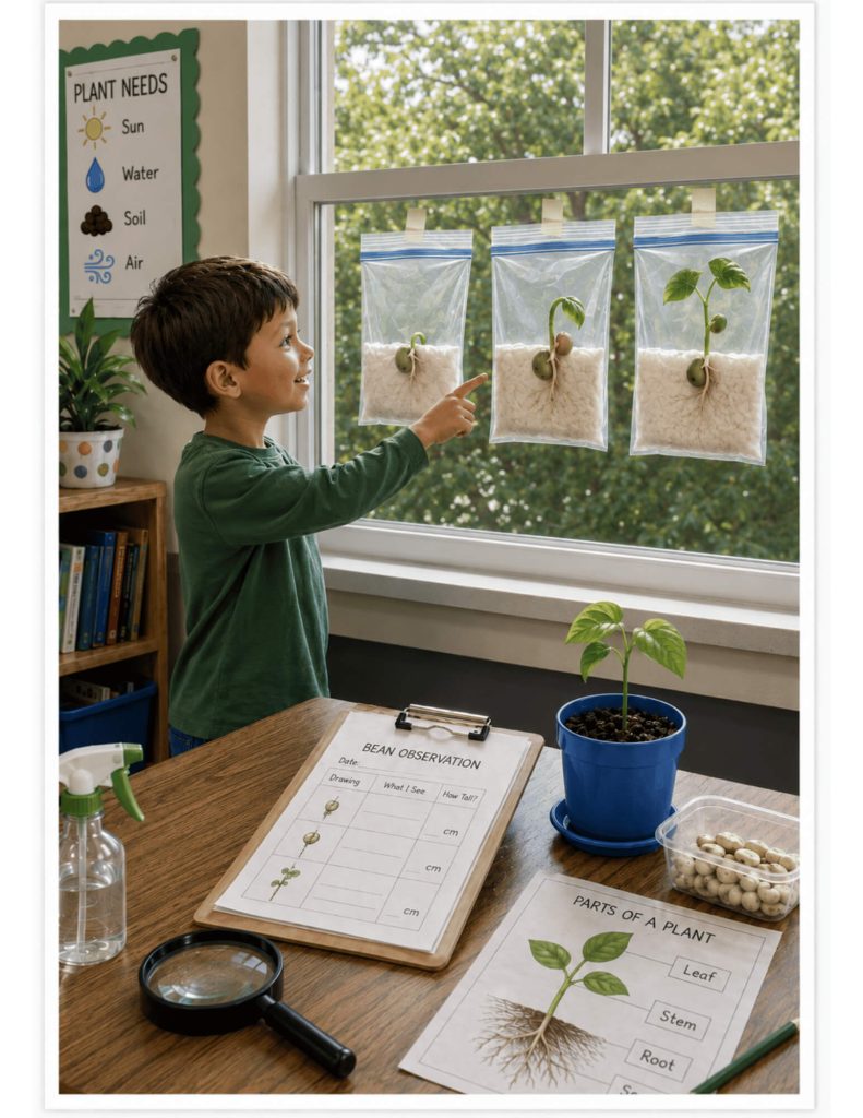 Photorealistic classroom scene showing a young student observing three lima bean seeds germinating in clear zip-top bags taped to a bright window, with an observation worksheet, ruler, magnifying glass, potted seedling, and science materials on the table.