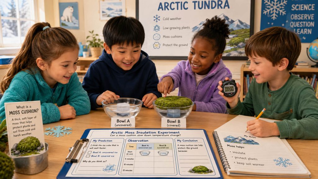“Elementary students test Arctic moss insulation by comparing uncovered and moss-covered ice cubes in a classroom STEM experiment.