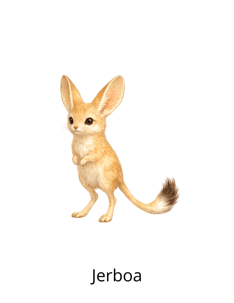 Watercolor illustration of a sandy-colored jerboa standing upright with large ears, long hind legs, and a tufted tail.

