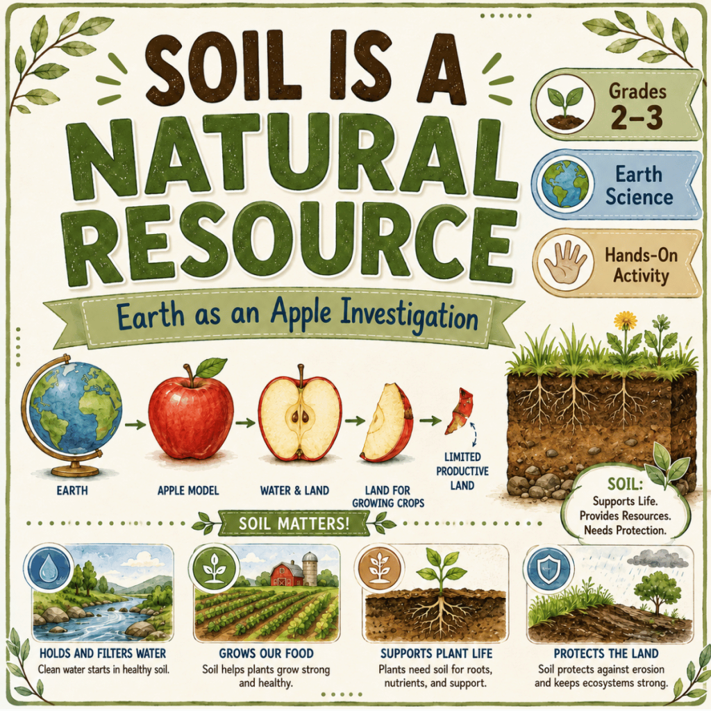 Educational infographic titled 'Soil is a Natural Resource' showing the 'Earth as an Apple' activity and four main reasons why soil matters.