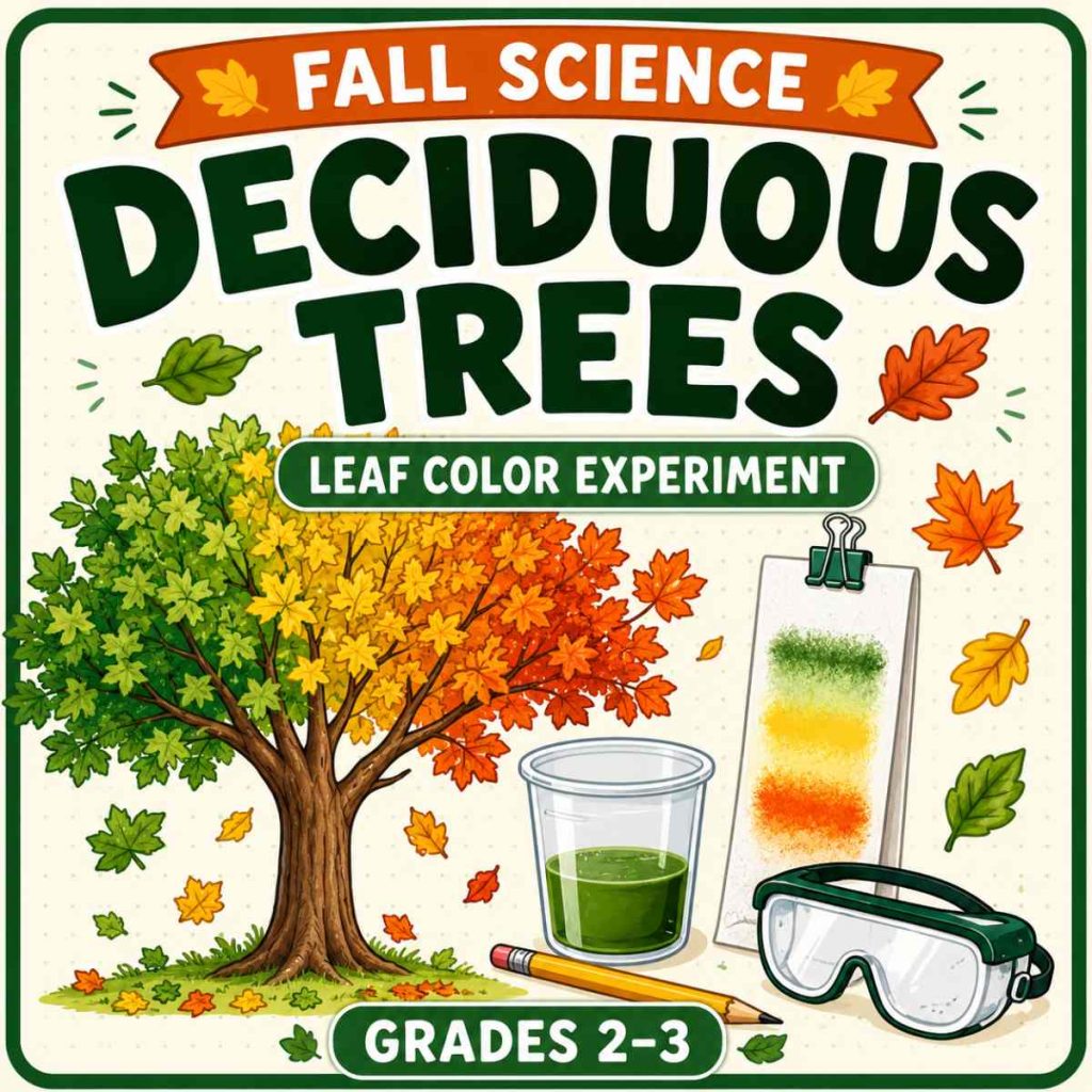 Fall leaf color experiment for grades 2–3 with a deciduous tree, chromatography strip, green leaf extract, and safety goggles.