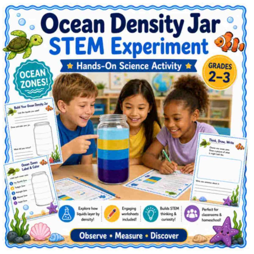 Three elementary students observe a five-layer Ocean Density Jar while completing ocean zones STEM worksheets for Grades 2–3.
