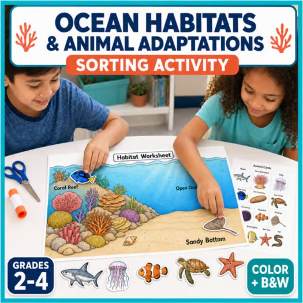 Two elementary students sort illustrated marine animal cards onto coral reef, open-ocean, and sandy-bottom habitat sections.