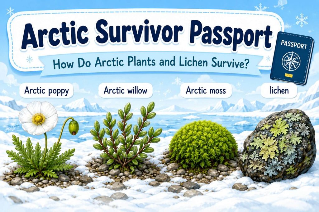 Arctic Survivor Passport activity for Grades 2–3 featuring Arctic poppy, Arctic willow, Arctic moss, and lichen while exploring how tundra plants survive extreme Arctic conditions.