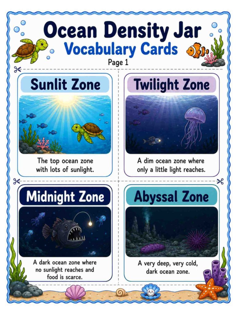 Ocean density jar vocabulary cards showing the Hadal Zone, an ocean trench, increasing water pressure with depth, and marine snow sinking through deep water.
