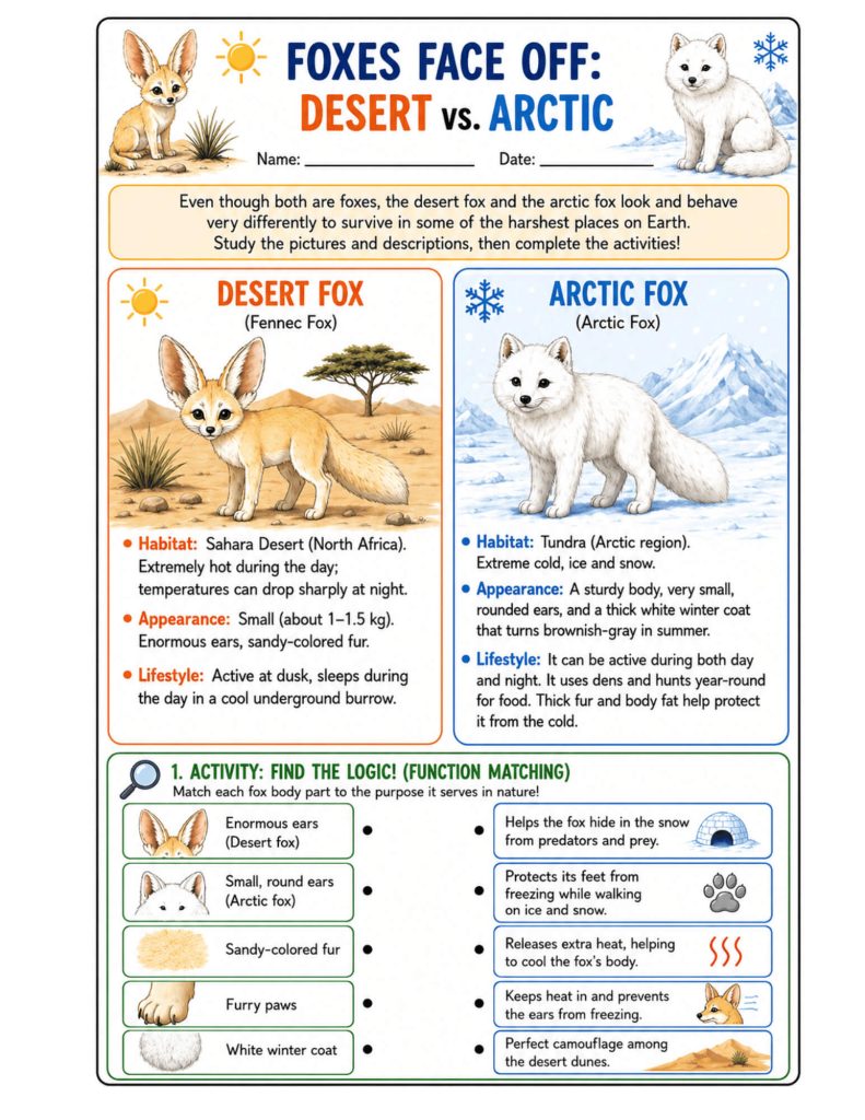 Desert fox and Arctic fox adaptation worksheet comparing habitat, appearance, and lifestyle, with a matching activity about ears, fur, paws, and camouflage.