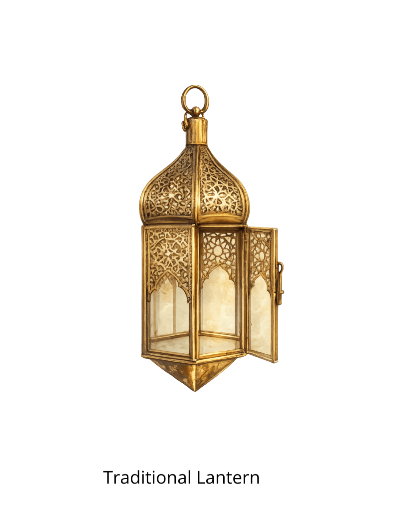 Watercolor illustration of an ornate gold traditional lantern with patterned metalwork, glass panels, and an open side door.
