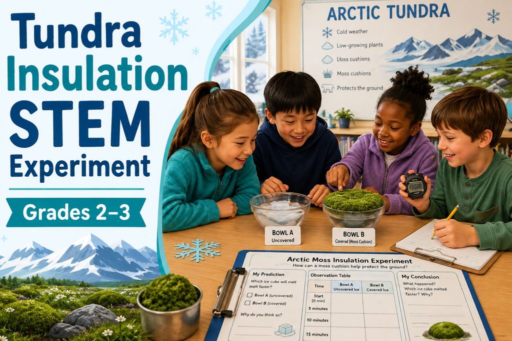 Students conducting a tundra insulation STEM experiment comparing uncovered ice with a moss-covered model to explore how insulation protects living things from Arctic cold.