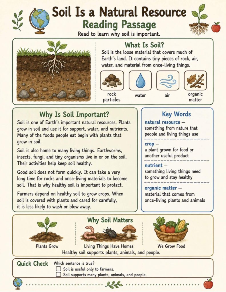 Soil is a natural resource reading passage for Grades 2–3 explaining what soil is, why it matters, key vocabulary, and how soil supports plants, living things, and food production.