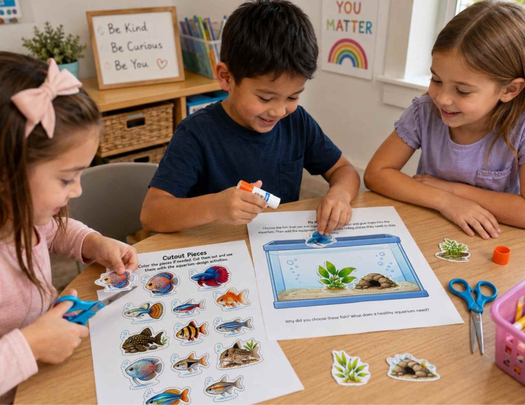 Elementary students using a printable aquarium habitat worksheet with fish cutouts for a hands-on science activity.