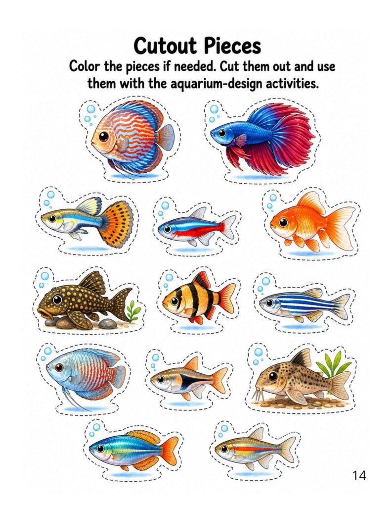Aquarium worksheet with printable fish cutout pieces for a hands-on elementary science activity.