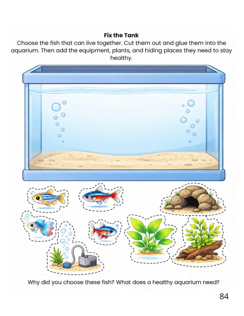 Printable aquarium habitat worksheet with fish and tank accessory cutouts for a hands-on elementary science activity.