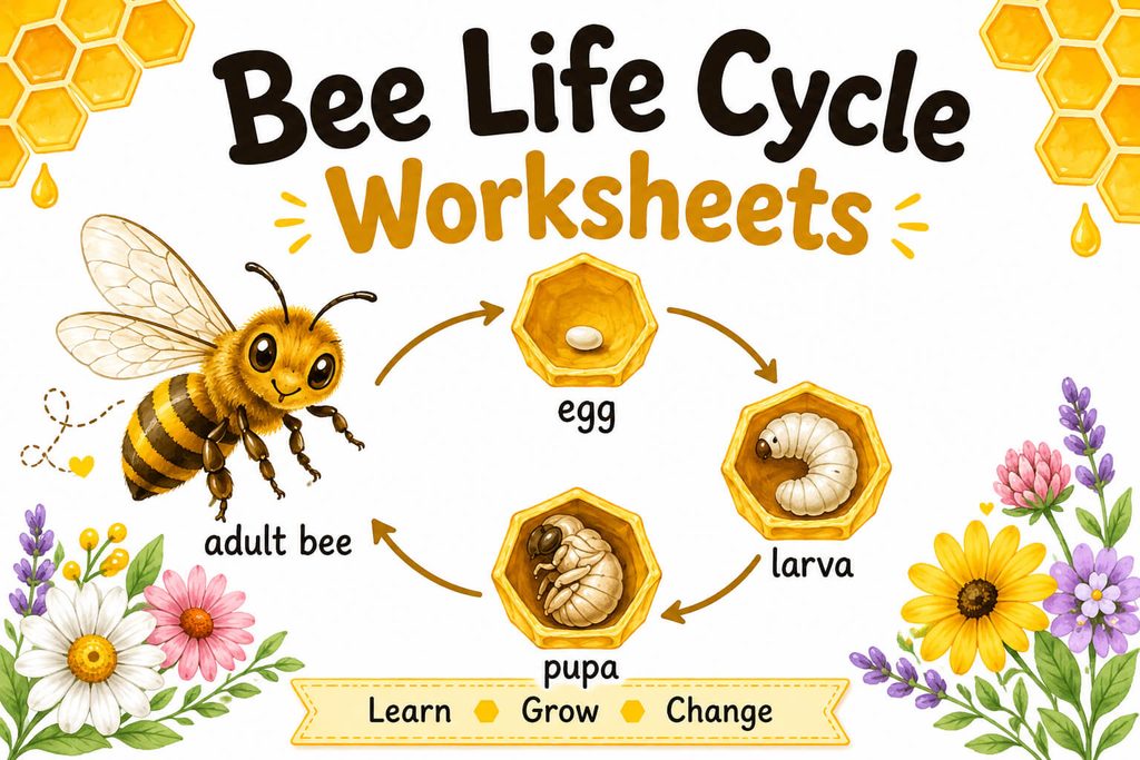Bee life cycle worksheets for kids showing egg, larva, pupa, and adult bee stages