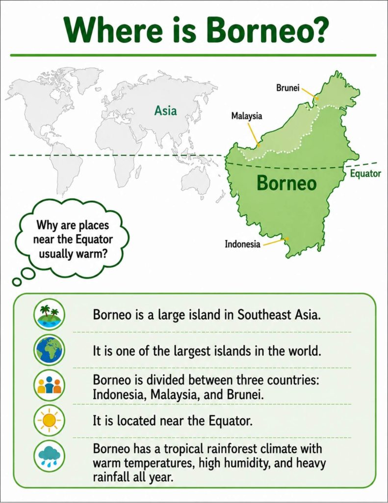 An educational infographic titled "Where is Borneo?" featuring a world map highlighting Asia and a detailed map of Borneo showing its division among Indonesia, Malaysia, and Brunei. The Equator lines intersect both maps. The bottom half contains five bullet points with icons explaining Borneo's geography, its divided countries, its location near the Equator, and its tropical rainforest climate.
