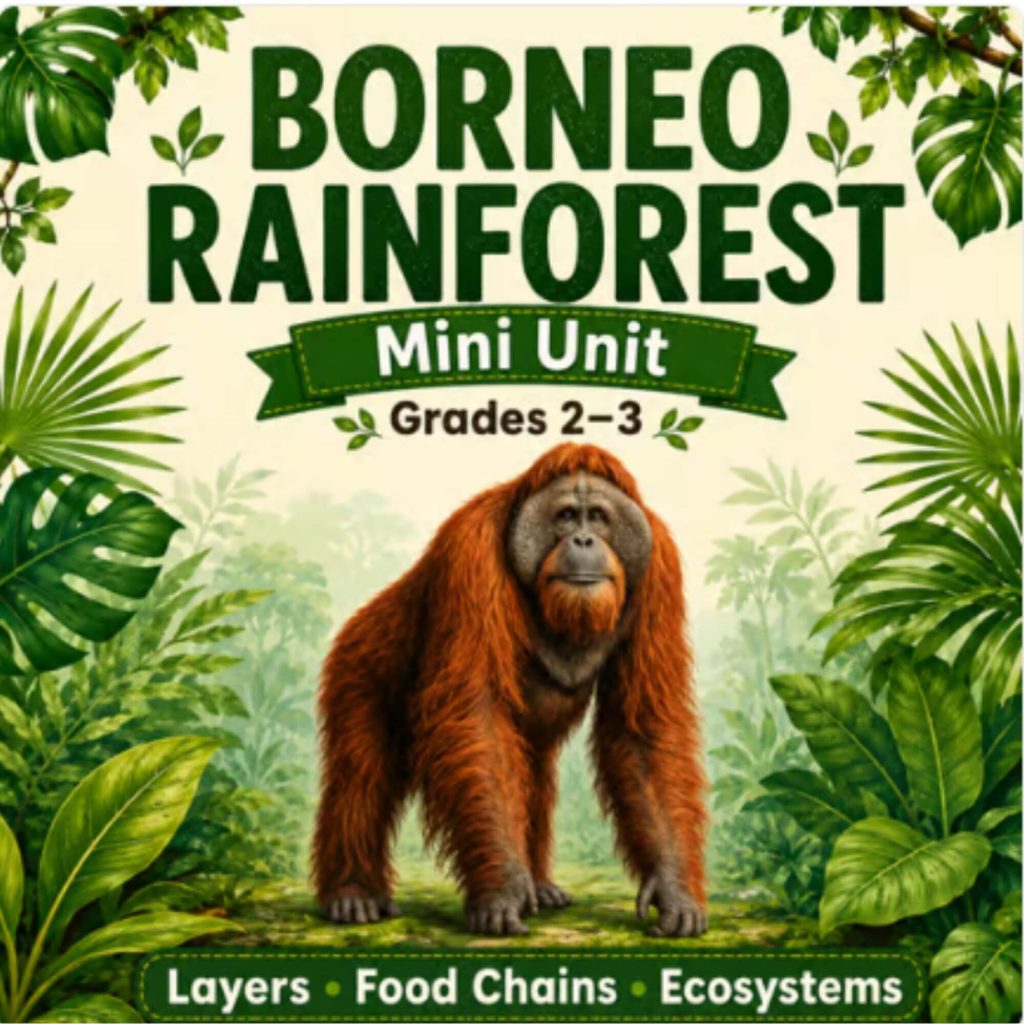 Cover of a Borneo Rainforest educational mini unit for grades 2–3, featuring a large adult orangutan standing in a lush green jungle, with text reading "Layers, Food Chains, Ecosystems."