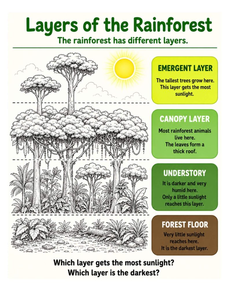 An educational worksheet titled "Layers of the Rainforest" featuring a black-and-white cross-section diagram of a rainforest. Four color-coded text boxes on the right describe each layer from top to bottom: Emergent Layer (yellow), Canopy Layer (light green), Understory (dark green), and Forest Floor (brown). Two review questions are printed at the bottom.