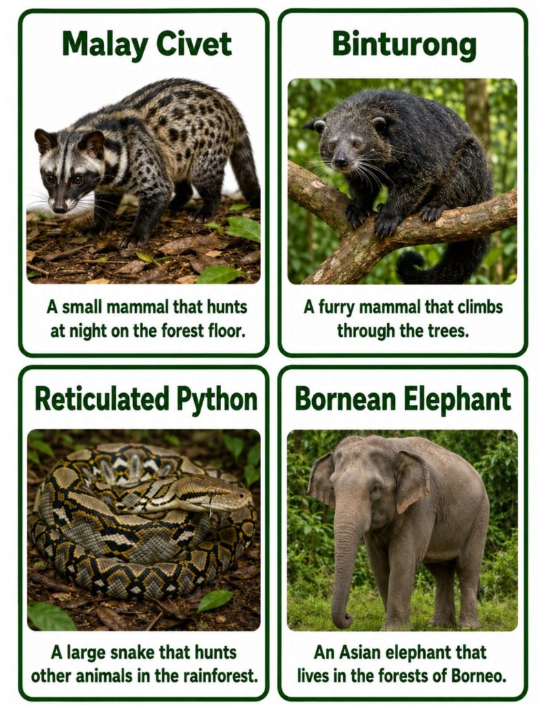 Four educational flashcards showcasing rainforest animals from Borneo: a Malay Civet on the forest floor, a Binturong on a tree branch, a coiled Reticulated Python, and a Bornean Elephant. Each card includes a brief description of the animal's traits and habitat.