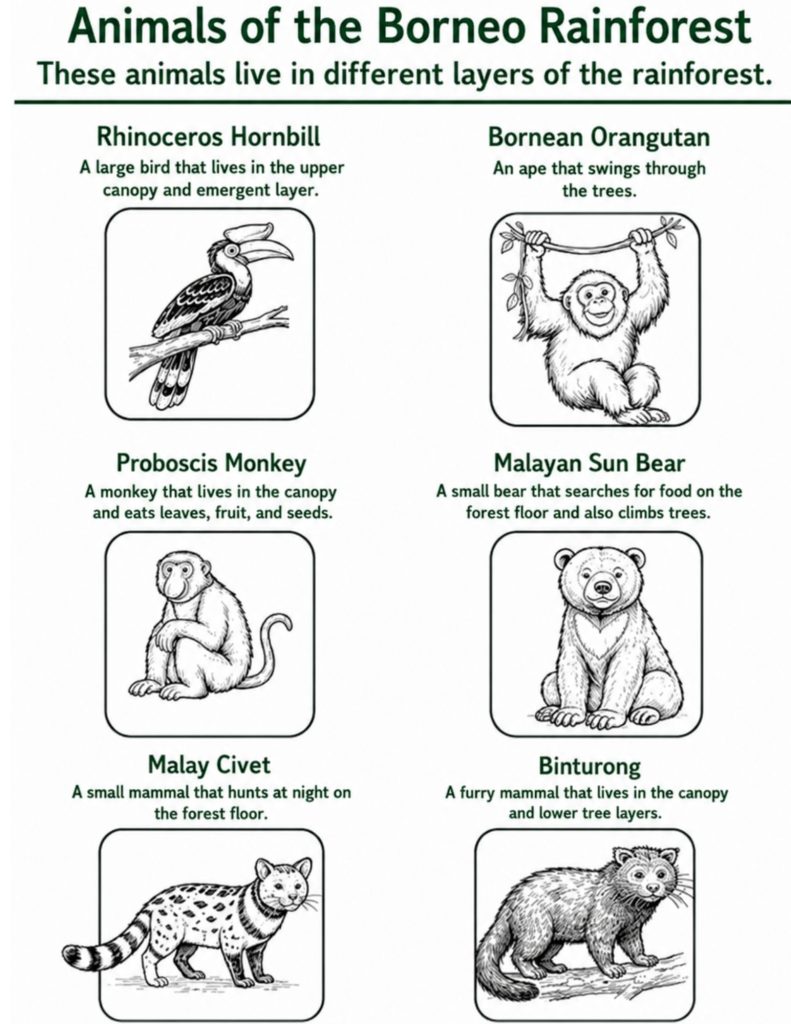 An educational worksheet titled "Animals of the Borneo Rainforest" with the subtitle "These animals live in different layers of the rainforest." It displays six black-and-white line art illustrations of animals in rounded boxes, arranged in a two-column grid. Each animal has its name and a brief description of its habitat and behavior listed above it.