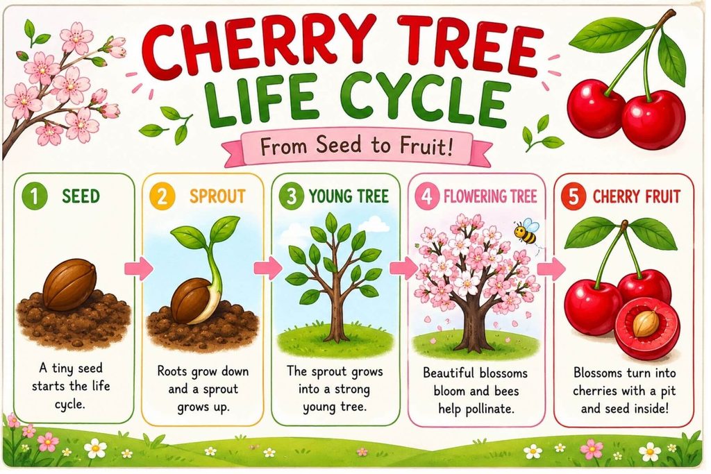 Cherry tree life cycle writing activity for Grades 2–3 with a Cherry Seed’s Diary and seed-to-fruit vocabulary