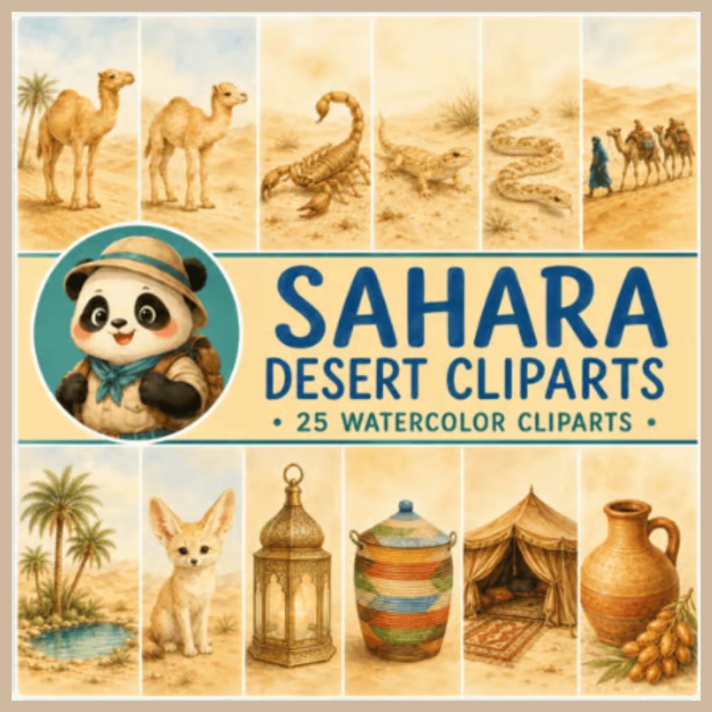 Cover of a 25-image Sahara Desert watercolor clipart collection featuring a panda explorer, camels, desert wildlife, an oasis, caravan, tent, lantern, basket, and clay water jug.
