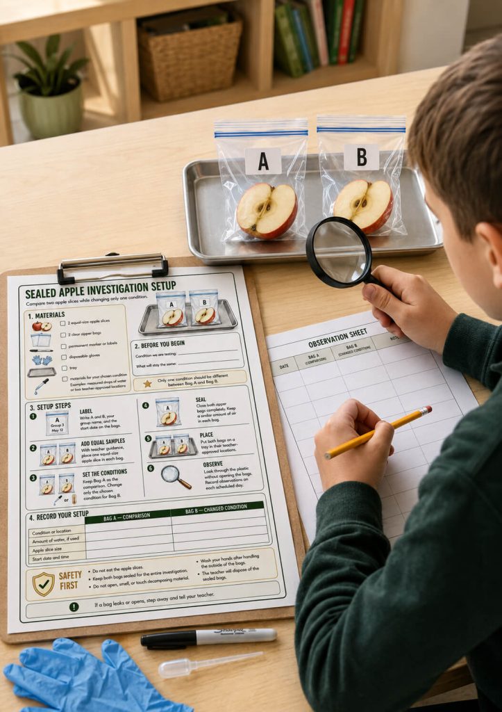 Grade 5 student uses a magnifying glass to compare sealed apple samples labeled A and B and records data on a decomposition investigation worksheet.