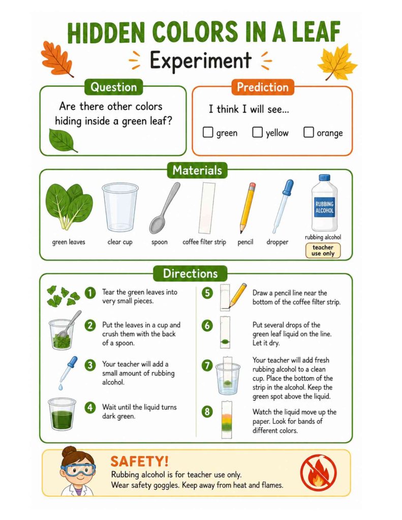Teacher and Grade 2–3 students doing a leaf chromatography experiment with green leaves and paper strips