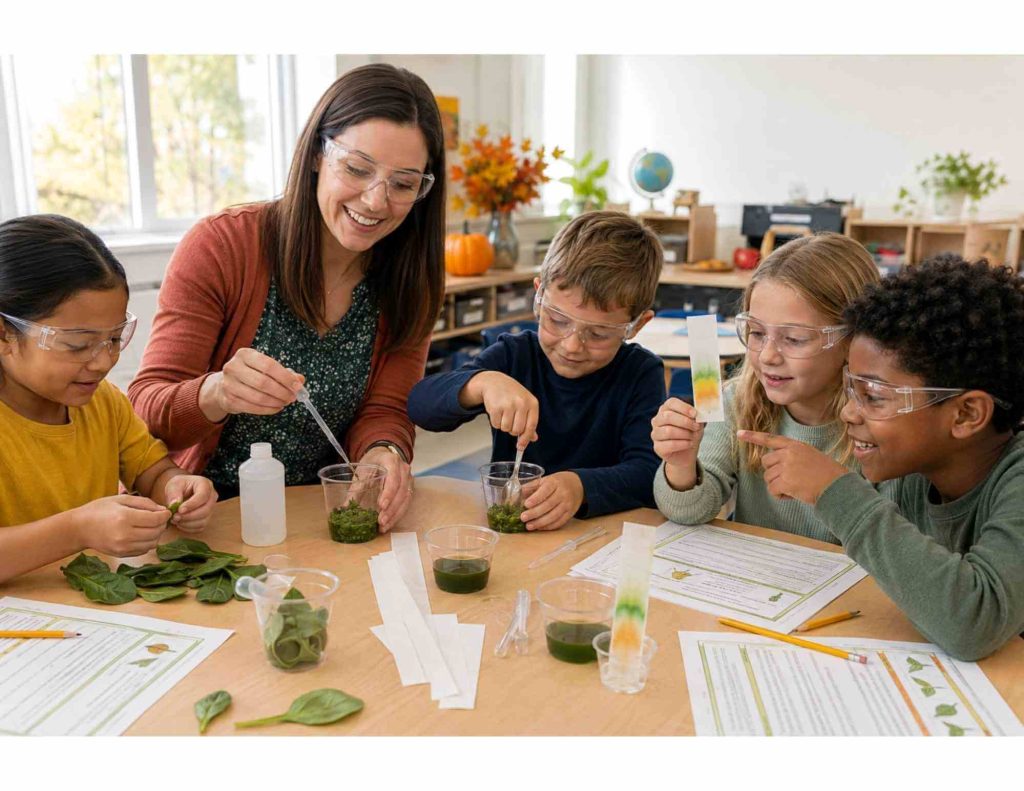 Teacher and Grade 2–3 students doing a leaf chromatography experiment with green leaves and paper strips